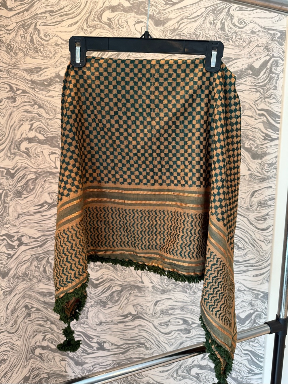 Green and Tan Checked Fringe Scarf Wrap